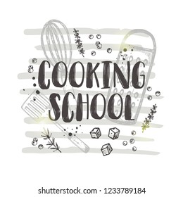 Cooking school concept design. Culiary courses. Hand drawn vector illustration. Can be used for logo, bakery, street festival, farmers market, country fair, shop, kitchen classes, cafe, food studio.