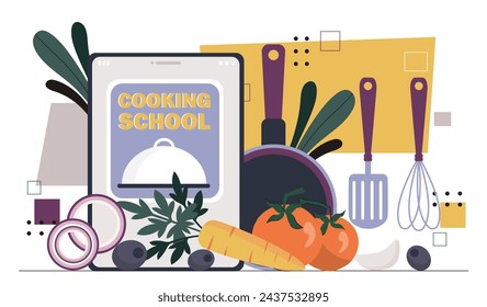 Cooking school concept. Vegetables near smartphone screen with grey tray. Mixer and pan. Tomatoes and carrot. Healthy eating with vitamins. Cartoon flat vector illustration isolated on white backdrop