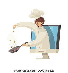 Composición de los cursos escolares de cocina con carácter de cocinero inclinado fuera de la ilustración vectorial de pantalla de computadora