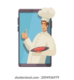 Cooking school courses composition with character of cook leaning out of smartphone screen vector illustration