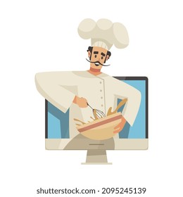 Cooking school courses composition with character of cook leaning out of computer screen vector illustration