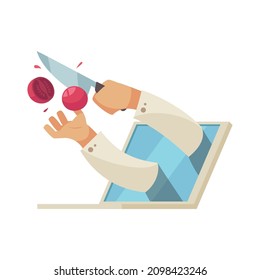 Cooking school courses composition with image of laptop computer with cooks hands cutting tomato vector illustration