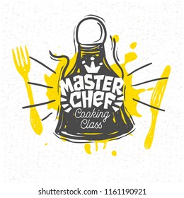 Cooking school, culinary classes, studio, logo, utensils, apron, fork, knife, master chef. Lettering, calligraphy logo, sketch style, welcome. Hand drawn vector illustration.