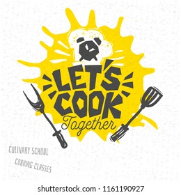 Cooking school, culinary classes, studio, logo, utensils, master chef hat. Lettering, calligraphy logo, sketch style, welcome. Hand drawn vector illustration.