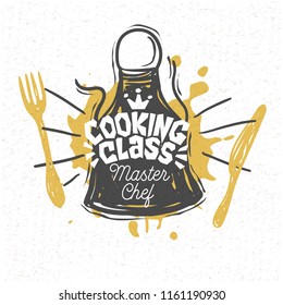 Cooking school, culinary classes, studio, logo, utensils, apron, fork, knife, master chef. Lettering, calligraphy logo, sketch style, welcome. Hand drawn vector illustration.