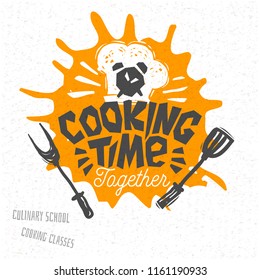 Cooking school, culinary classes, studio, logo, utensils, apron, fork, knife, master chef. Lettering, calligraphy logo, sketch style, welcome. Hand drawn vector illustration.
