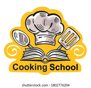 Cooking  school design logo. Food studio or culinary master class icon. Concept cook workshop or education courses. Kitchen tools, chef hat with open recipe book. Hand drawn vector illustration.