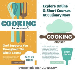 Cooking School, Explore Online And Short Courses And Learn To Prepare Food. Dishes And Recipes From Chefs, Support From Specialists Whole Time. Advertisement Promotional Banner, Vector In Flat Style