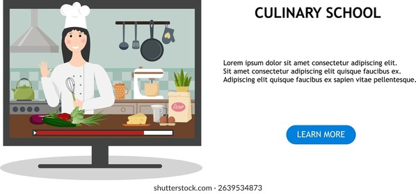 Cooking School. Flyer with a chef giving a cooking lesson. Cooking training. Vector illustration
