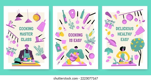 Cooking school flyer template set with cute characters, food and kitchen utensils. Cooking lessons concept. Vector illustration in flat style