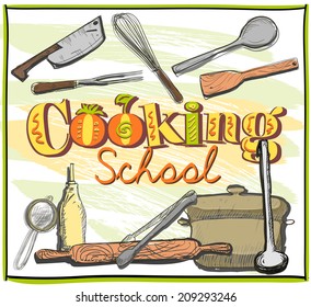 Cooking school graphic design with utensils. Eps10