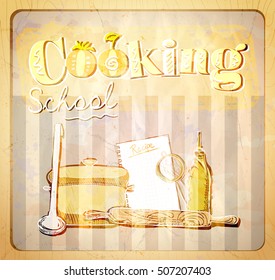 Cooking school hand drawn graphic illustration with utensils, vintage style