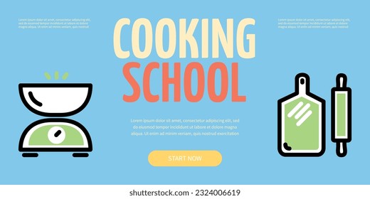 Plantilla de aterrizaje de carteles de carteles de la placa horizontal de la escuela de cocina con diferentes elementos de línea delgada. Ilustración del vector