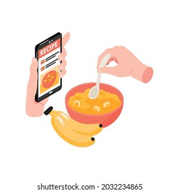 Cooking school isometric icon with human hands holding spoon and smartphone with recipe vector illustration