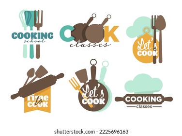 cooking school Kitchenware and cutlery classes isolated icons vector whisk and spatula plate and chef hat spoon and fork pan and rolling pin emblem or logo training culinary food and dishes recipes