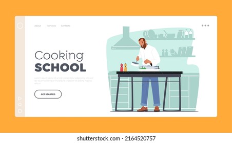 Cooking School Landing Page Template. Male Character Cooking Seafood. Mature Man Pouring Sauce on Big Fish Lying on Tray at Home Kitchen. Man Prepare Meal. Cartoon Vector Illustration