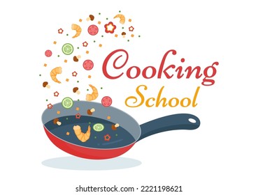 Cooking School to Learn Cooks Homemade Food and Variety of Delicious Dishes in a Class Learning on Flat Cartoon Hand Drawn Templates Illustration