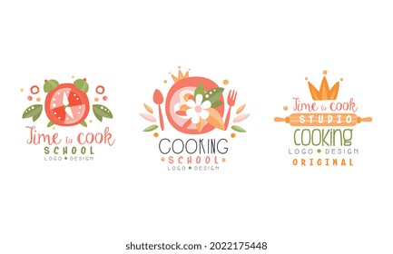 Cooking School Logo Design Set, Time to Cook Studio Hand Drawn Labels Vector Illustration