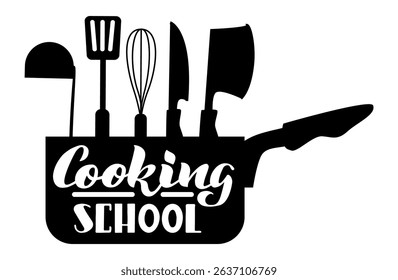 Cooking school logo with whisk, spatula, knife, cleaver, ladle and pot silhouette, black and white illustration for cooking classes and food education