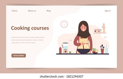 Cooking school. Online culinary master class. Landing page template. Muslim girl in hijab preparing homemade meals for lunch or dinner. The chef teaches to cook. Flat cartoon vector illustration.