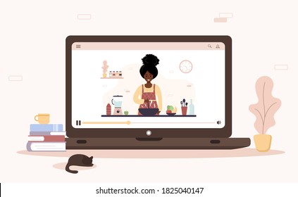 Escuela de cocina. Clase magistral culinaria en línea. Niña africana preparando comidas caseras para el almuerzo o la cena. El chef enseña a cocinar. Aprendiendo en casa. Ilustración vectorial de dibujos animados planos.