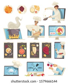 Cooking school professional chef courses online classes flat icons set with dishes ingredients on tablet screens vector illustration  