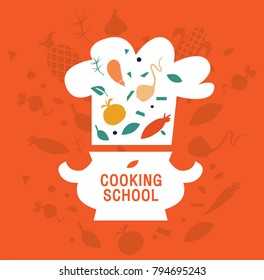 Cooking school sign. Vector vegetables: radish, beet, tomato, eggplant. Tureen and falling in her vegetables. For a book of recipes, Cooking classes, culinary blog or postcards.