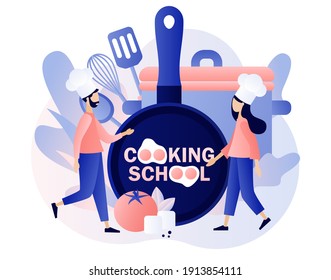 Cooking school - text on kitchen frying pan. Tiny chef in hat with kitchen tools and foods. Culinary master class online. Modern flat cartoon style. Vector illustration on white background