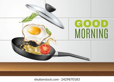 Cooking scrambled eggs. Frying pan with lid. Splashes of oil and tomato, flying morning food. Healthy breakfast. Realistic isolated elements, ingredients on home kitchen vector concept