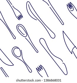 Cooking Seamless Background. Contour Cutlery Background. Isolated kitchen utensils. One Line Drawing. Vector