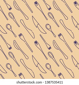 Cooking Seamless Background. Contour Cutlery Background. Isolated kitchen utensils. One Line Drawing. Vector illustration