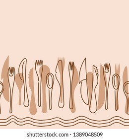 Cooking Seamless border. Contour Cutlery Background. Kitchen utensils. One Line Drawing. Vector illustration