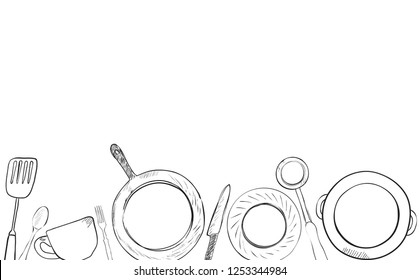 Cooking seamless horizontal pattern. Background with utensils and empty space for text. Vector illustration.