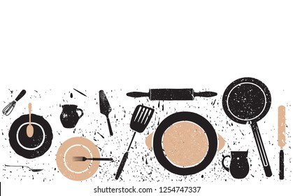 Cooking seamless horizontal pattern. Background with utensils and empty space for text. Vector illustration.