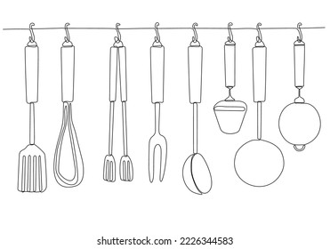 
Cooking Seamless Pattern. Background Cutlery Lines. One Line Drawing Isolated Kitchen Utensils. Cooking Poster Design. Vector illustration.