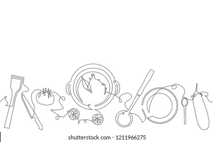 Cooking seamless pattern  Background and utensils   food  Pot and soup  kitchen cutlery   vegetables  Continuous drawing style  Vector illustration 
