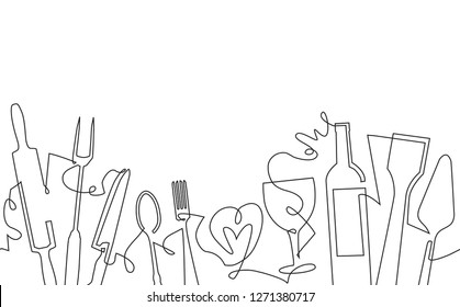 Cooking Seamless Pattern. Background with Utensils and empty space for text. Continuous drawing style. Vector illustration.