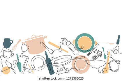 Cooking Seamless Pattern. Background with Utensils and Food. Continuous drawing style. Vector illustration.