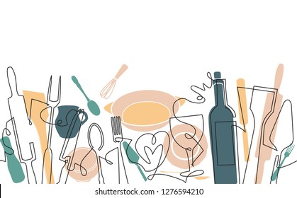 Cooking Seamless Pattern. Background with Utensils and empty space for text. Continuous drawing style. Vector illustration.