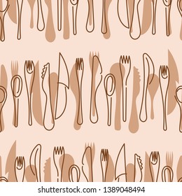Cooking Seamless pattern. Contour Cutlery Background. Kitchen utensils. One Line Drawing. Vector illustration