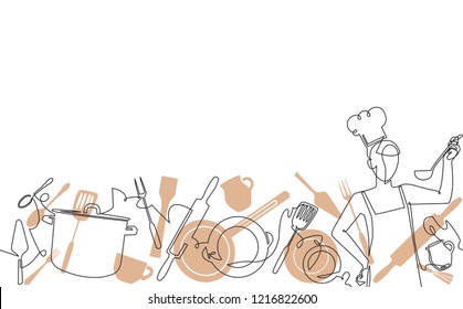 Cooking Seamless Pattern. Cutlery Background with Empty Spase for Text . One Line Drawing of Isolated Kitchen Utensils and Person who Cook.  Vector illustration.