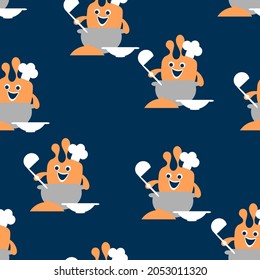 Cooking seamless pattern. Cutlery, crockery, cute monster chef. Vector illustration Flat style.