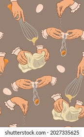 Cooking seamless pattern with dough and eggs. Vector graphics.