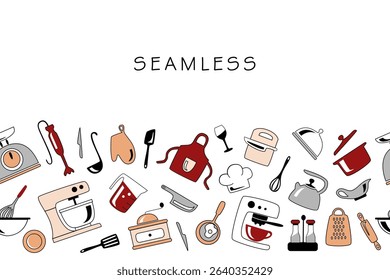 Cooking seamless Pattern. Hand Drawn kitchen tools. Kitchen utensils and appliances for poster, fabric, packaging, menu, background, print. Clipart. Vector illustration