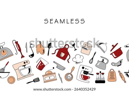 Cooking seamless Pattern. Hand Drawn kitchen tools. Kitchen utensils and appliances for poster, fabric, packaging, menu, background, print. Clipart. Vector illustration