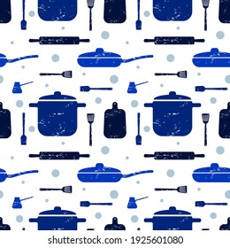 Cooking seamless pattern. Kitchen utensils in blue color. For packaging design, paper, background, poster, banner. Vector illustration.