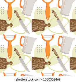 Cooking Seamless Pattern with Knife, Chopping Board, Peeler, and Measuring Jug. You can use this design to create poster, tshirt, pillow, tote bag, pouch, phone case, etc.