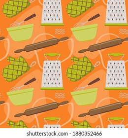 Cooking Seamless Pattern with Mixing Bowl, Rolling Pin, Grater, and Oven Gloves. You can use this design to create poster, tshirt, pillow, tote bag, pouch, phone case, etc.