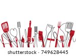 Cooking Seamless Pattern. Outline Cutlery Background. Trendy One Line Drawing.  Isolated Kitchen Utensils. Cooking Design Poster. Vector illustration.
