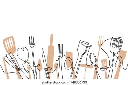 Cooking Seamless Pattern. Outline Cutlery Background. One Line Drawing of Isolated Kitchen Utensils.  Cooking Design Poster. Vector illustration.